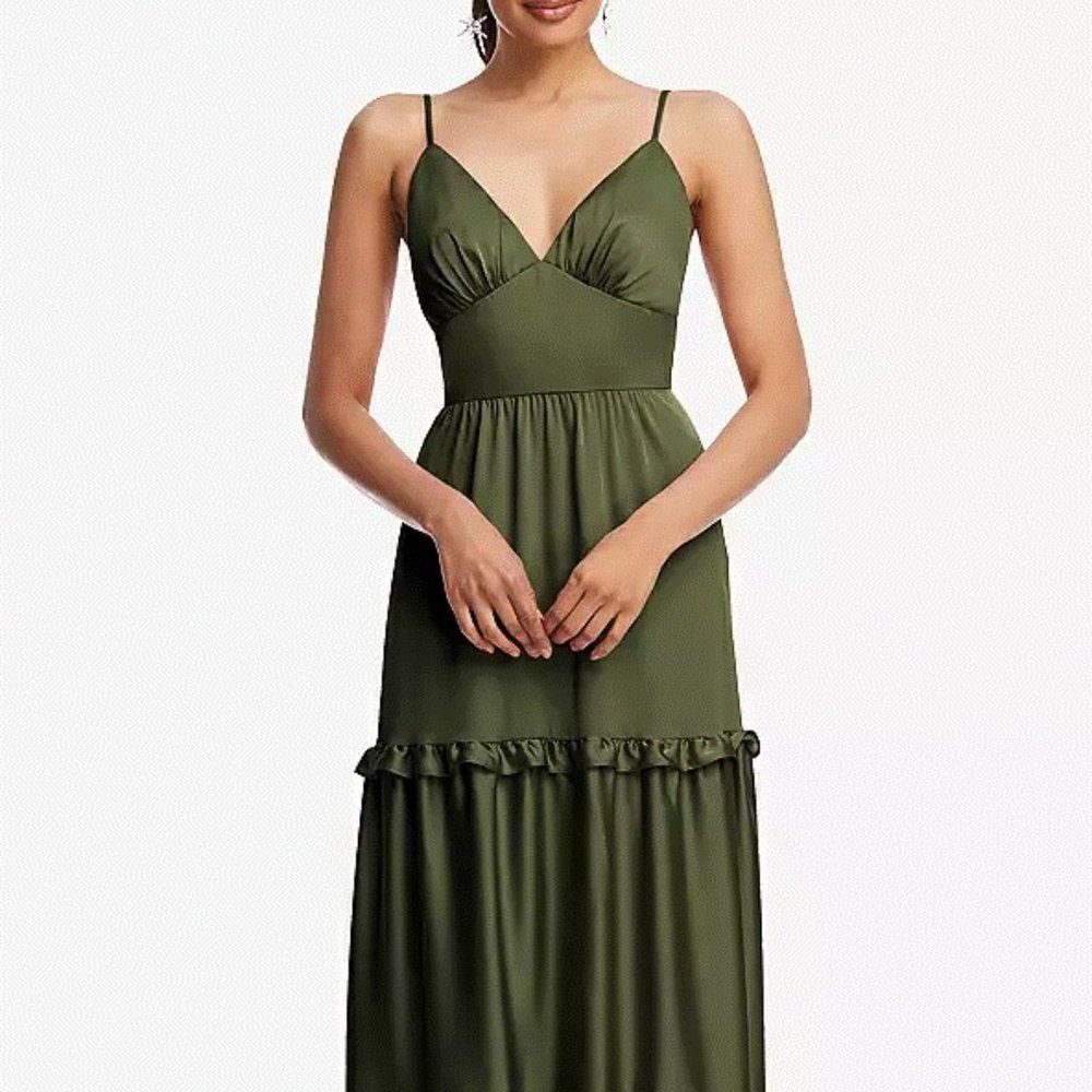 TH116..Low-Back Triangle Dress with Ruffle-Trimmed Tiered Skirt...Green..Size S